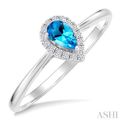5x3 MM Pear Shape Blue Topaz and 1/20 Ctw Round Cut Diamond Halo Semi-Precious Ring in 14K White Gold