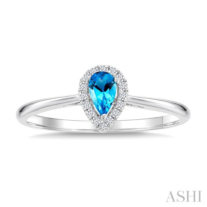 5x3 MM Pear Shape Blue Topaz and 1/20 Ctw Round Cut Diamond Halo Semi-Precious Ring in 14K White Gold