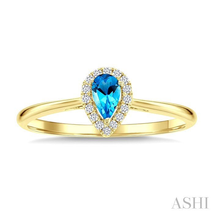 5x3 MM Pear Shape Blue Topaz and 1/20 Ctw Round Cut Diamond Halo Semi-Precious Ring in 14K Yellow Gold