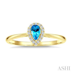 5x3 MM Pear Shape Blue Topaz and 1/20 Ctw Round Cut Diamond Halo Semi-Precious Ring in 14K Yellow Gold