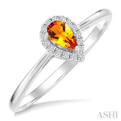5x3 MM Pear Shape Citrine and 1/20 Ctw Round Cut Diamond Halo Semi-Precious Ring in 14K White Gold