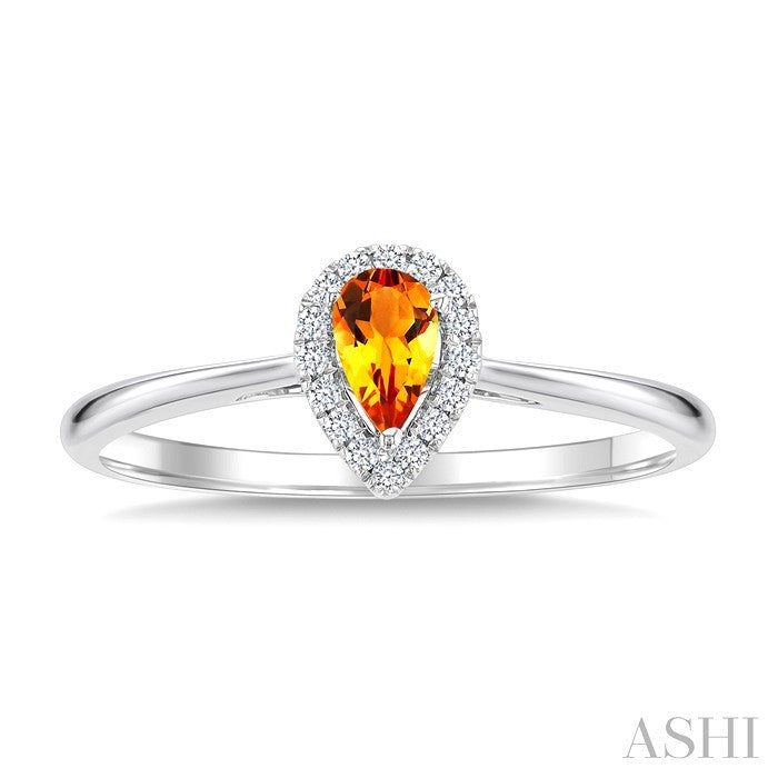 5x3 MM Pear Shape Citrine and 1/20 Ctw Round Cut Diamond Halo Semi-Precious Ring in 14K White Gold