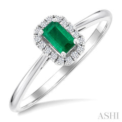 5x3 MM Octagonal Shape Emerald and 1/20 Ctw Round Cut Diamond Halo Precious Ring in 14K White Gold