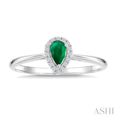 5x3 MM Pear Shape Emerald and 1/20 Ctw Round Cut Diamond Halo Precious Ring in 14K White Gold