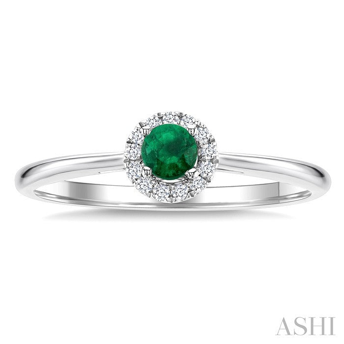 3.25 MM Round Emerald and 1/20 Ctw Round Cut Diamond Halo Precious Ring in 14K White Gold