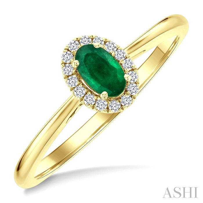 5x3 MM Oval Shape Emerald and 1/20 Ctw Round Cut Diamond Halo Precious Ring in 14K Yellow Gold