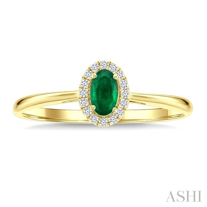 5x3 MM Oval Shape Emerald and 1/20 Ctw Round Cut Diamond Halo Precious Ring in 14K Yellow Gold