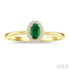5x3 MM Oval Shape Emerald and 1/20 Ctw Round Cut Diamond Halo Precious Ring in 14K Yellow Gold