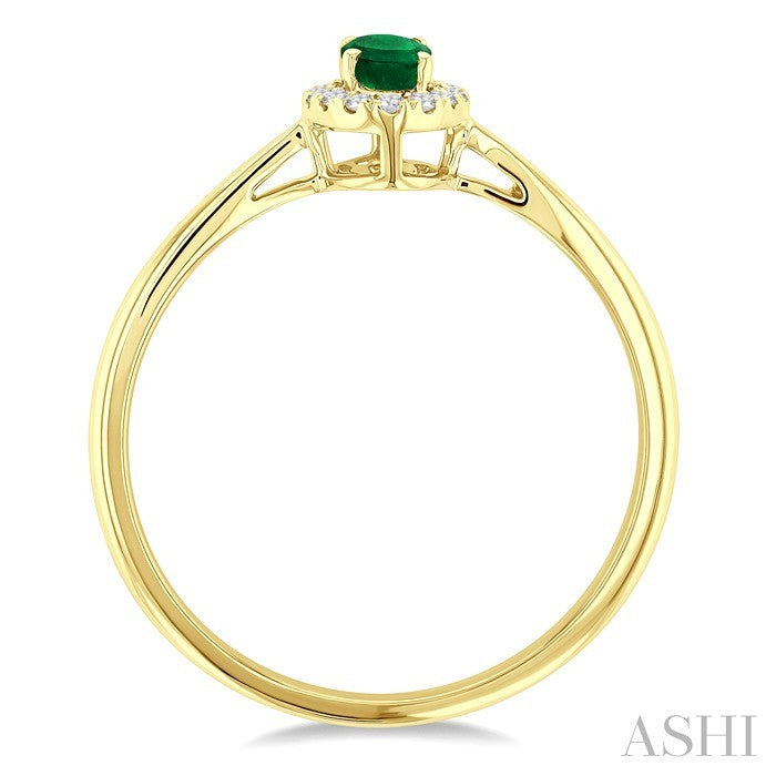5x3 MM Oval Shape Emerald and 1/20 Ctw Round Cut Diamond Halo Precious Ring in 14K Yellow Gold