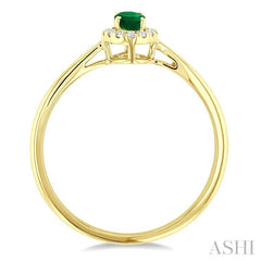 5x3 MM Oval Shape Emerald and 1/20 Ctw Round Cut Diamond Halo Precious Ring in 14K Yellow Gold