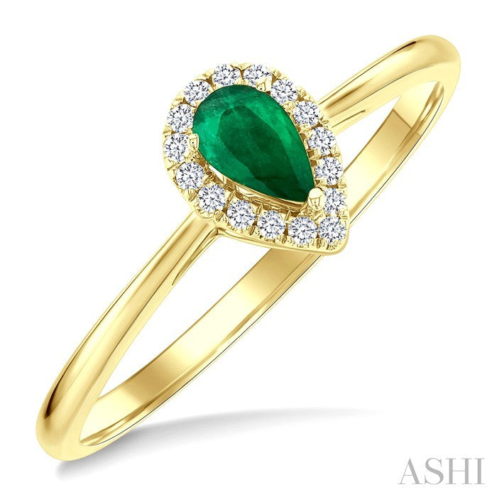 5x3 MM Pear Shape Emerald and 1/20 Ctw Round Cut Diamond Halo Precious Ring in 14K Yellow Gold