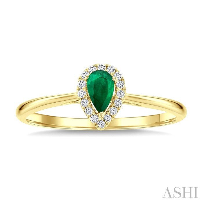 5x3 MM Pear Shape Emerald and 1/20 Ctw Round Cut Diamond Halo Precious Ring in 14K Yellow Gold