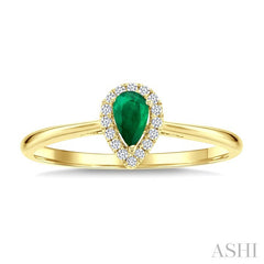 5x3 MM Pear Shape Emerald and 1/20 Ctw Round Cut Diamond Halo Precious Ring in 14K Yellow Gold