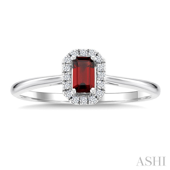 5x3 MM Octagonal Shape Garnet and 1/20 Ctw Round Cut Diamond Halo Semi-Precious Ring in 14K White Gold