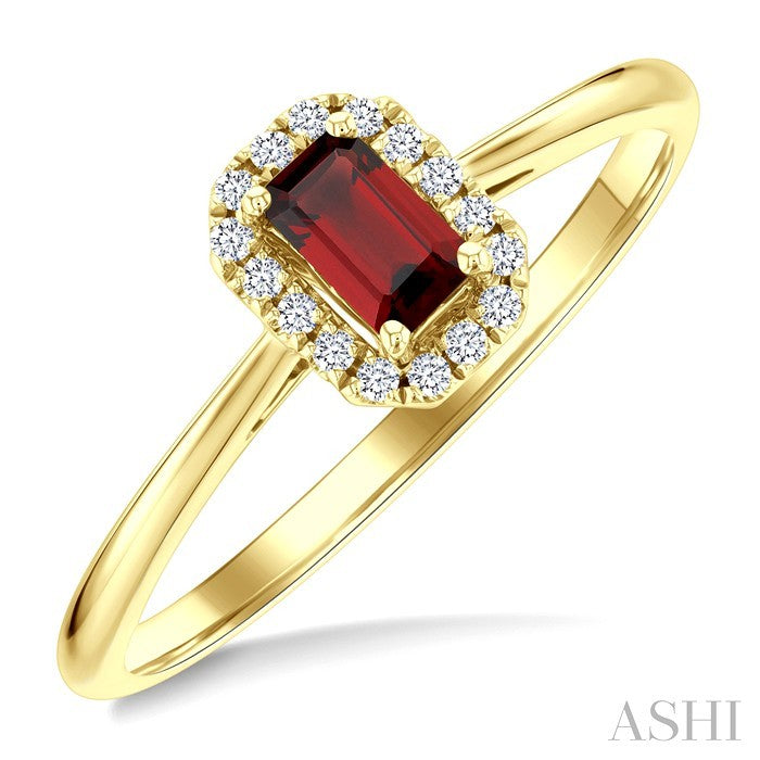5x3 MM Octagonal Shape Garnet and 1/20 Ctw Round Cut Diamond Halo Semi-Precious Ring in 14K Yellow Gold