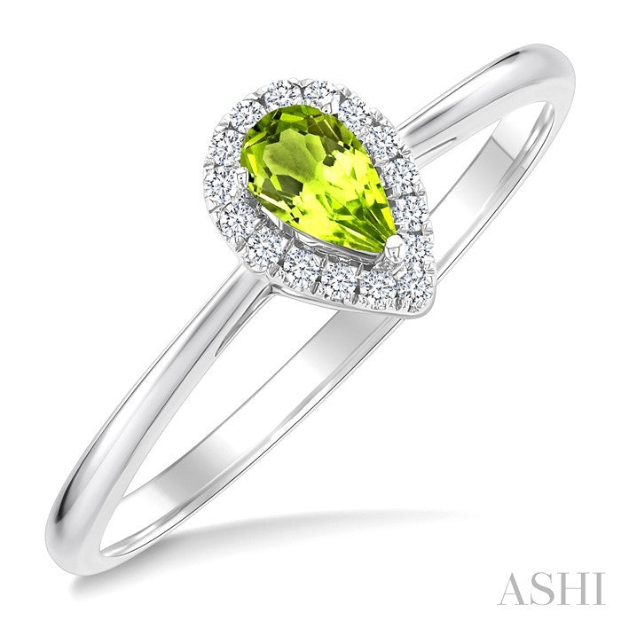 5x3 MM Pear Shape Peridot and 1/20 Ctw Round Cut Diamond Halo Semi-Precious Ring in 14K White Gold