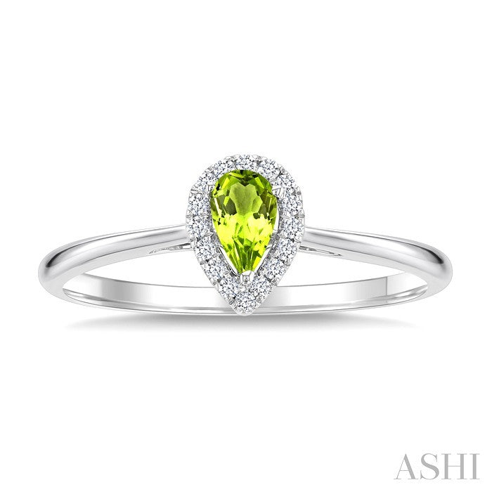 5x3 MM Pear Shape Peridot and 1/20 Ctw Round Cut Diamond Halo Semi-Precious Ring in 14K White Gold