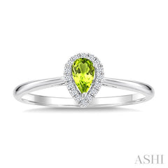 5x3 MM Pear Shape Peridot and 1/20 Ctw Round Cut Diamond Halo Semi-Precious Ring in 14K White Gold