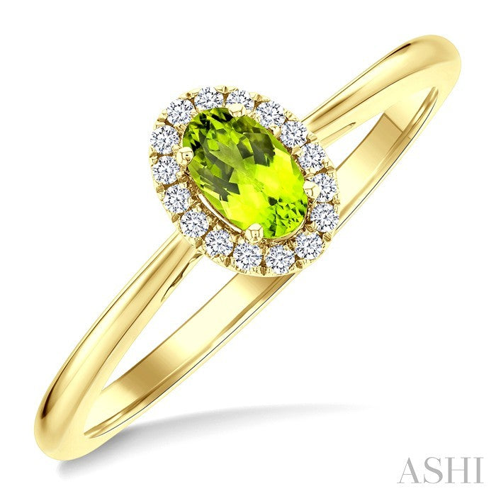 5x3 MM Oval Shape Peridot and 1/20 Ctw Round Cut Diamond Halo Semi-Precious Ring in 14K Yellow Gold