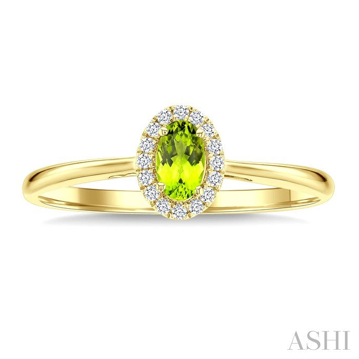 5x3 MM Oval Shape Peridot and 1/20 Ctw Round Cut Diamond Halo Semi-Precious Ring in 14K Yellow Gold