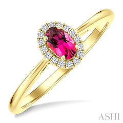 5x3 MM Oval Shape Pink Tourmaline and 1/20 Ctw Round Cut Diamond Halo Semi-Precious Ring in 14K Yellow Gold