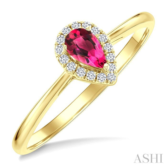 5x3 MM Pear Shape Pink Tourmaline and 1/20 Ctw Round Cut Diamond Halo Semi-Precious Ring in 14K Yellow Gold