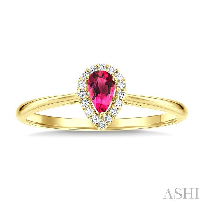 5x3 MM Pear Shape Pink Tourmaline and 1/20 Ctw Round Cut Diamond Halo Semi-Precious Ring in 14K Yellow Gold