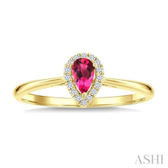 5x3 MM Pear Shape Pink Tourmaline and 1/20 Ctw Round Cut Diamond Halo Semi-Precious Ring in 14K Yellow Gold