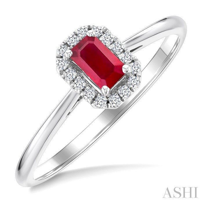 5x3 MM Octagonal Shape Ruby and 1/20 Ctw Round Cut Diamond Halo Precious Ring in 14K White Gold