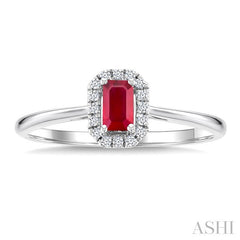5x3 MM Octagonal Shape Ruby and 1/20 Ctw Round Cut Diamond Halo Precious Ring in 14K White Gold
