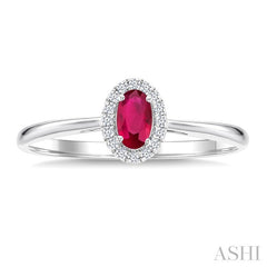 5x3 MM Oval Shape Ruby and 1/20 Ctw Round Cut Diamond Halo Precious Ring in 14K White Gold