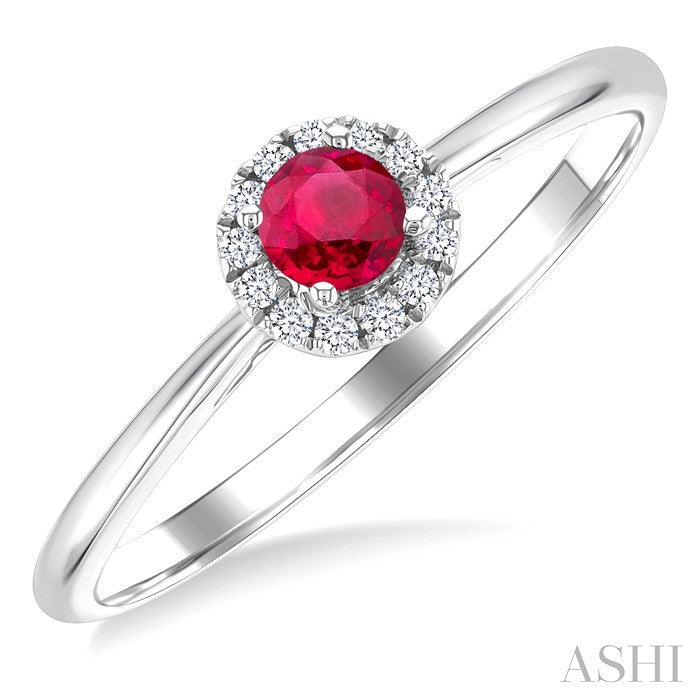 3.25 MM Round Ruby and 1/20 Ctw Round Cut Diamond Halo Precious Ring in 14K White Gold