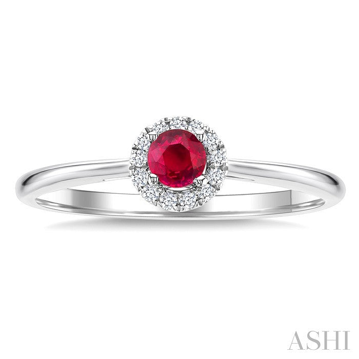 3.25 MM Round Ruby and 1/20 Ctw Round Cut Diamond Halo Precious Ring in 14K White Gold
