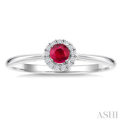 3.25 MM Round Ruby and 1/20 Ctw Round Cut Diamond Halo Precious Ring in 14K White Gold