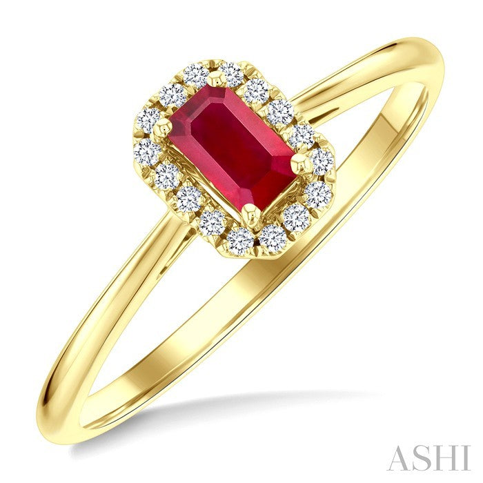 5x3 MM Octagonal Shape Ruby and 1/20 Ctw Round Cut Diamond Halo Precious Ring in 14K Yellow Gold