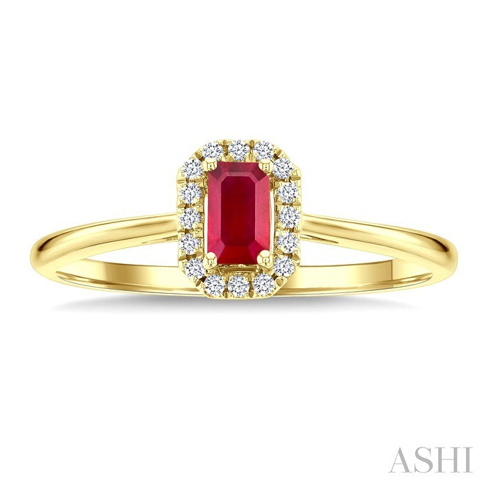 5x3 MM Octagonal Shape Ruby and 1/20 Ctw Round Cut Diamond Halo Precious Ring in 14K Yellow Gold