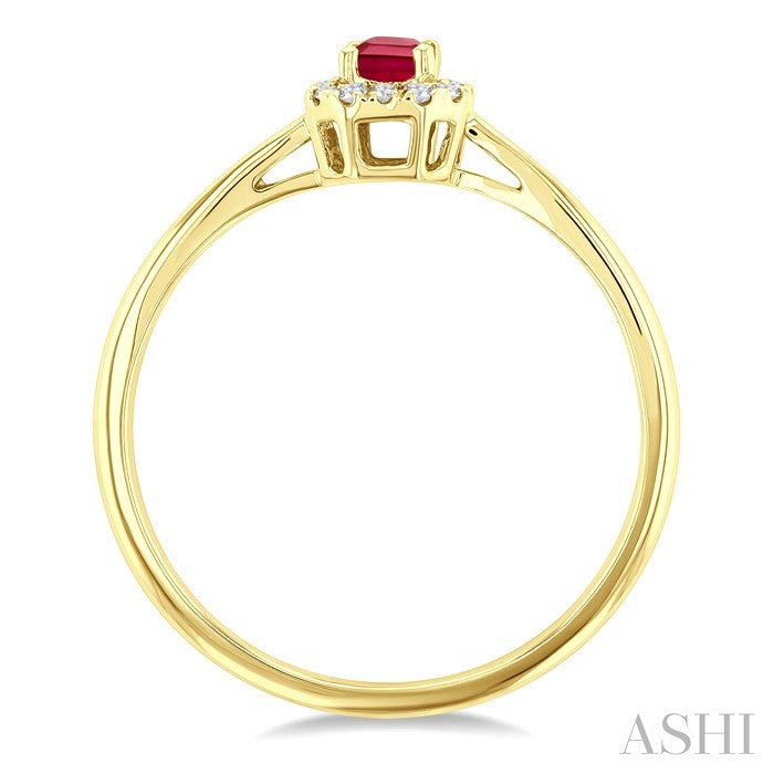 5x3 MM Octagonal Shape Ruby and 1/20 Ctw Round Cut Diamond Halo Precious Ring in 14K Yellow Gold