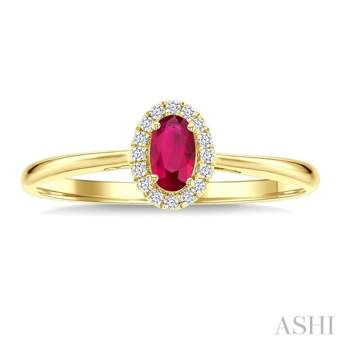 5x3 MM Oval Shape Ruby and 1/20 Ctw Round Cut Diamond Halo Precious Ring in 14K Yellow Gold