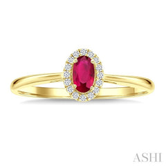 5x3 MM Oval Shape Ruby and 1/20 Ctw Round Cut Diamond Halo Precious Ring in 14K Yellow Gold