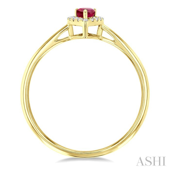 5x3 MM Pear Shape Ruby and 1/20 Ctw Round Cut Diamond Halo Precious Ring in 14K Yellow Gold