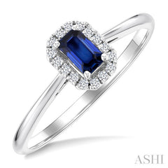 5x3 MM Octagonal Shape Sapphire and 1/20 Ctw Round Cut Diamond Halo Precious Ring in 14K White Gold