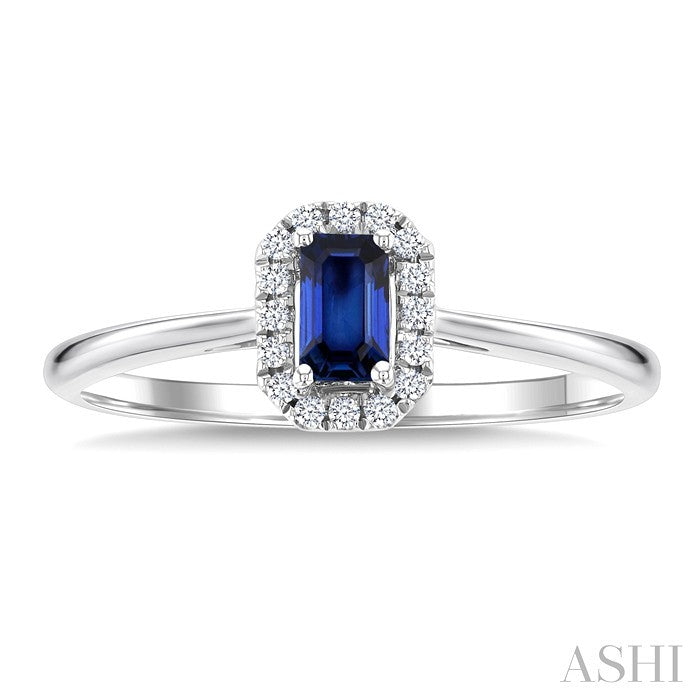 5x3 MM Octagonal Shape Sapphire and 1/20 Ctw Round Cut Diamond Halo Precious Ring in 14K White Gold