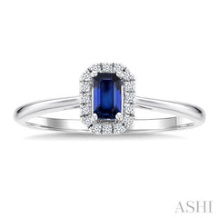 5x3 MM Octagonal Shape Sapphire and 1/20 Ctw Round Cut Diamond Halo Precious Ring in 14K White Gold