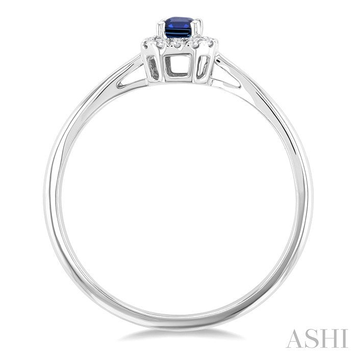 5x3 MM Octagonal Shape Sapphire and 1/20 Ctw Round Cut Diamond Halo Precious Ring in 14K White Gold