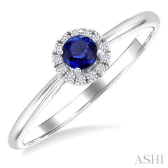3.25 MM Round Sapphire and 1/20 Ctw Round Cut Diamond Halo Precious Ring in 14K White Gold