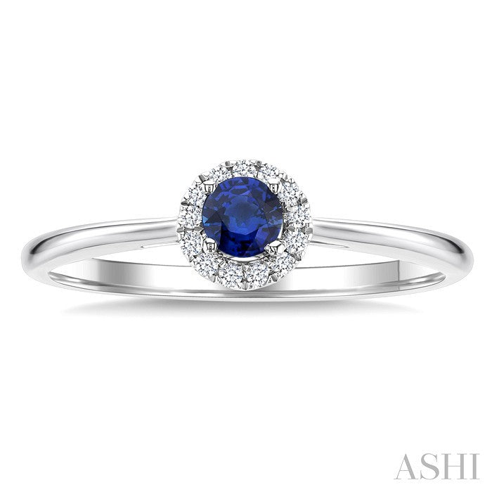 3.25 MM Round Sapphire and 1/20 Ctw Round Cut Diamond Halo Precious Ring in 14K White Gold