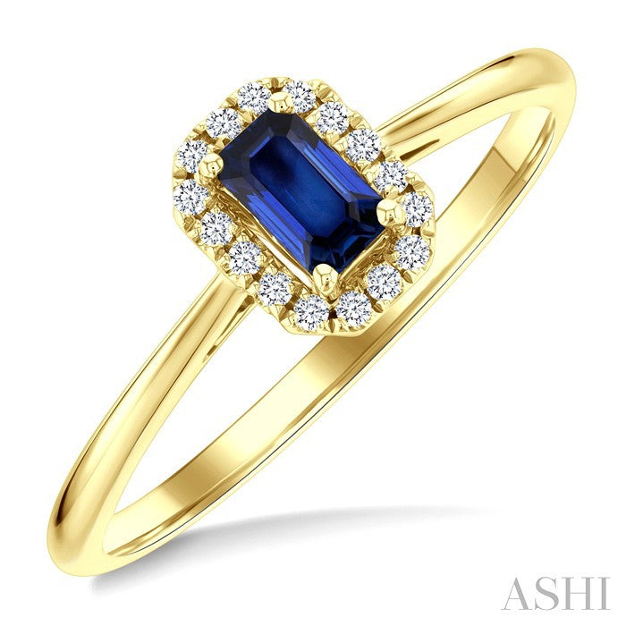 5x3 MM Octagonal Shape Sapphire and 1/20 Ctw Round Cut Diamond Halo Precious Ring in 14K Yellow Gold