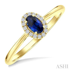 5x3 MM Oval Shape Sapphire and 1/20 Ctw Round Cut Diamond Halo Precious Ring in 14K Yellow Gold