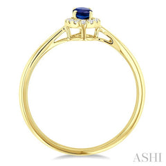 5x3 MM Oval Shape Sapphire and 1/20 Ctw Round Cut Diamond Halo Precious Ring in 14K Yellow Gold