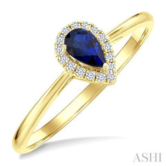 5x3 MM Pear Shape Sapphire and 1/20 Ctw Round Cut Diamond Halo Precious Ring in 14K Yellow Gold